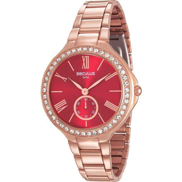 Relogio Feminino Rose Gold com Pedras Fundo Vermelho Seculus