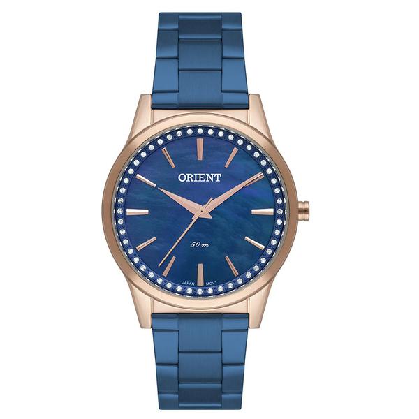 Relogio Feminino Rose Orient Pulseira Aço Azul com Pedras