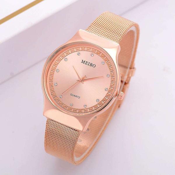 Relógio Feminino Rosê Pulseira Aço Luxo Elegante Meibo
