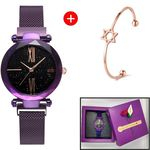 Relógio Feminino Roxo com Pulseira Magnética + Bracelete + Caixa Florida.