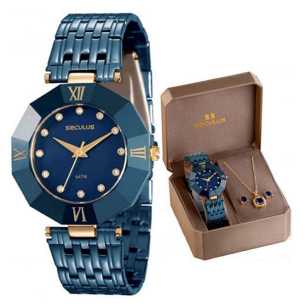 Relógio Feminino Seculus Aço Colorido Azul, Corrente, Par de Brincos e Pingente Solitário Azul 23529LPSVEQ1K1 Analóg
