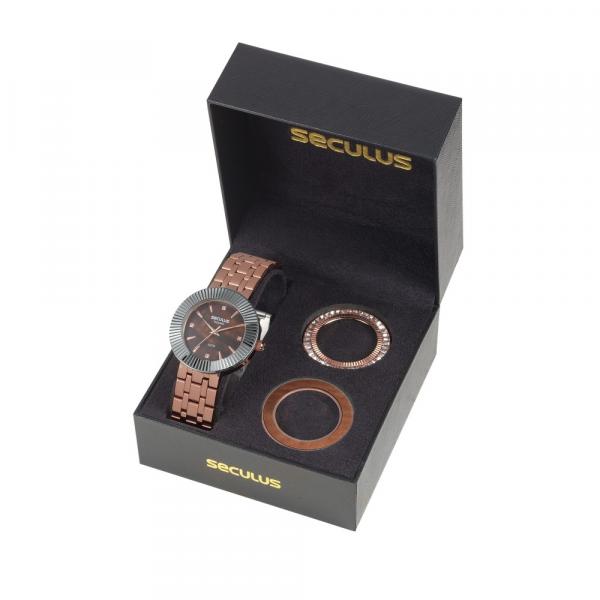 Relógio Feminino Seculus Aço Colorido Marrom, Conjunto com 03 Aros e Estojo Especial 20598LPSVRS1 Analógico