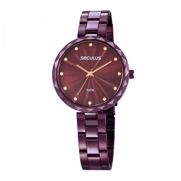 Relógio Feminino Seculus Aço Colorido Roxo, Mostrador Estriado em Relevo e Aro Trabalhado 77039LPSKFS2 Analógico