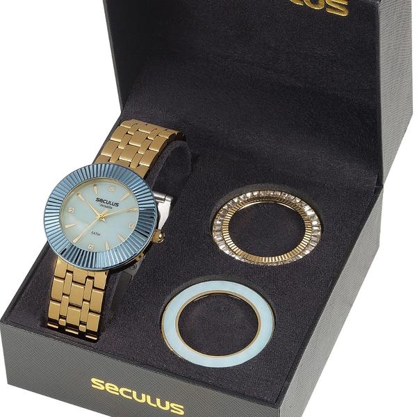 Relógio Feminino Seculus Aço Dourado, Conjunto com 03 Aros e Estojo Especial 20598LPSVDS2 Analógico