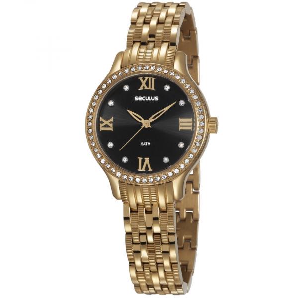 Relógio Feminino Seculus Aço Dourado, Mostrador Preto e Index Romano Dourado 48087LPSVDS1 Analógico