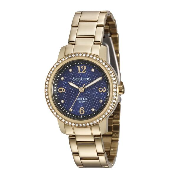 Relógio Feminino Seculus Aço Dourado, Mostrdaor Azul em Relevio e Aro com Cristais 28844LPSVDA1 Analógico