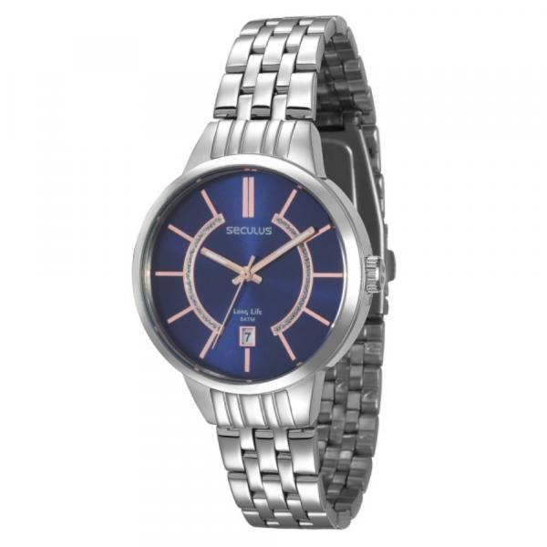 Relógio Feminino Seculus Aço Prata, Mostrtador Azul e Detalhes Rose 28434L0SVNA1 Analógico