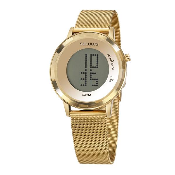 Relógio Feminino Seculus Digital Casual Aço Dourado, Redondo, Pulseira Esteirinha e Aro com Efeito 77046LPSVDS1
