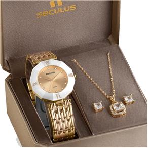 Relógio Feminino Seculus Dourado Kit Colar 23529LPSVDQ3K1