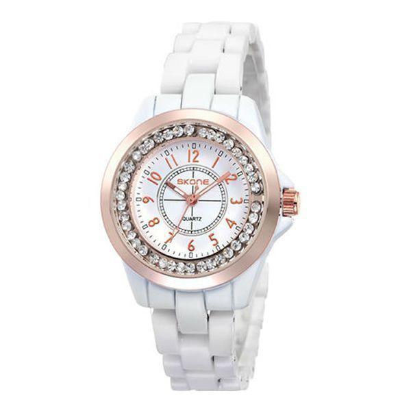 Relógio Feminino Skone Analógico Casual 7218G Branco e Bronze