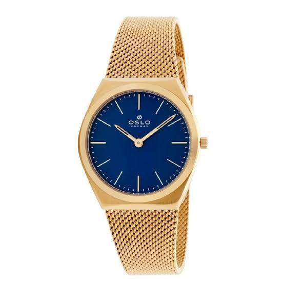 Relógio Feminino Slim Dourado Fundo Azul Pulseira Telinha - Oslo