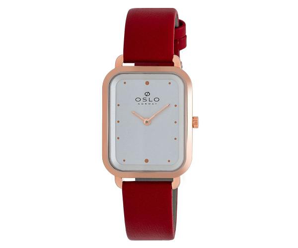 Relógio Feminino Slim Quadrado Rosê e Vermelho de Couro + NF - Oslo