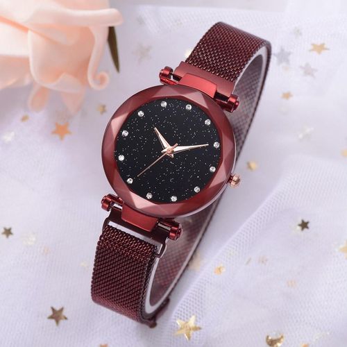 Relógio Feminino Strass Star Universe Pulseira Magnética Vermelho