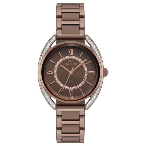 Relógio Feminino Technos Elegance Crystal Marron com Cristais Luxo Pulseira de Aço Inox 2035MRE/4M - Jbl