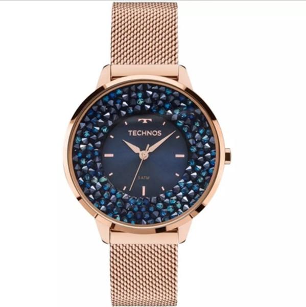 Relógio Feminino Technos Elegance Crystal Swarovski Rosê Azul Luxo Pulseira de Aço 2035MLE/4A