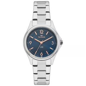 Relogio Feminino Technos Prata Fundo Azul com Numeros Rose