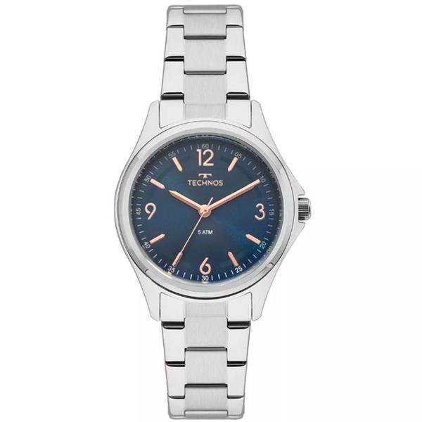 Relogio Feminino Technos Prata Fundo Azul com Numeros Rose