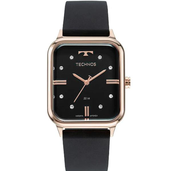 Relogio Feminino Technos Quadrado Rose e Preto a Prova Dagua Grande 2039CS/2P