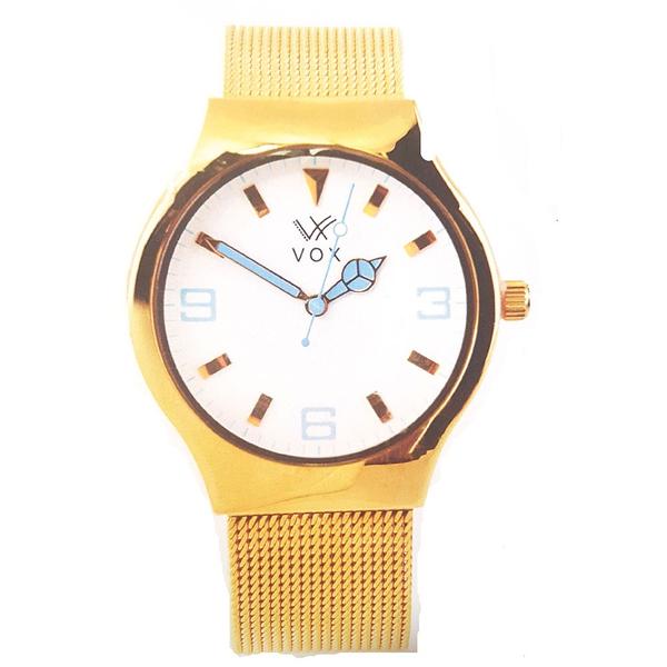 Relogio Feminino Vox Analogico Caixa em Metal Dourado Fundo Branco com Detalhes em Azul e em Relevo Pulseira em Aco Dourado