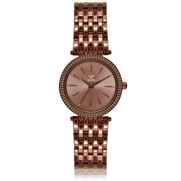 Relogio Feminino Vox Analogico CasualCaixa Metal Chocolate Zirconias Champagnes CravejadasFundo Chocolate Perolado