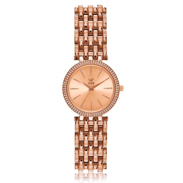 Relogio Feminino Vox Caixa Metal Dourado com Zirconias Cravejadas Pulseira em Aco Rose Fundo Perolado com Detalhes em Relevo Rose e Zirconias Cravejadas - Vox