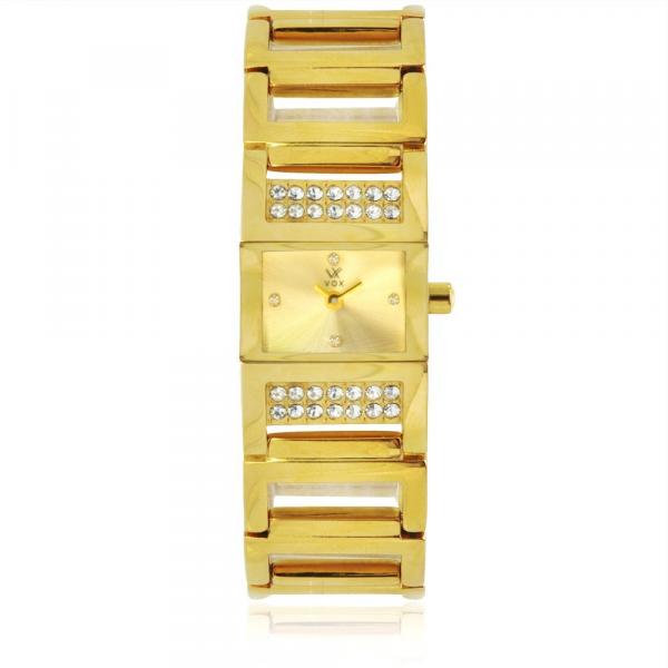 Relogio Feminino VOX Caixa Quadrada em Aco Dourado com Detalhes em Cristais Fundo Dourado com Detalhes em Cristais Pulseiras em Aco Dourado