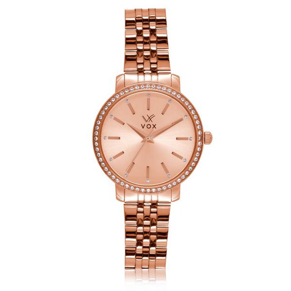 Relogio Feminino VOX San Anonio Caixa Metal Dourado e Zirconias Cravejadas Pulseira em Aco Rose Fundo Rose Metalizdo com Detalhes Zirconias Cravejadas