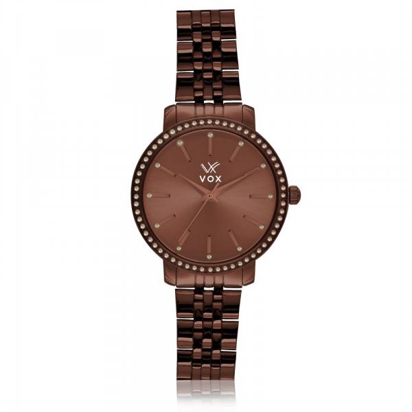 Relogio Feminino VOX San Antonio Caixa Metal na Cor Chocolate e Zirconias Cravejadas Pulseira em Aco Chocolate Fundo Chocolate Metalizdo com Detalhes Zirconias Cravejadas