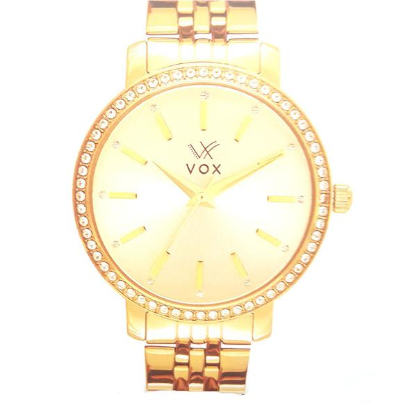 Relogio Feminino Vox Santo Antonio Analogico Caixa Metal Dourado e Zirconias Cravejadas Pulseira em Aco Dourado Fundo Dourado Metalizado com Detalhes em Zirconias Cravejadas - Vox