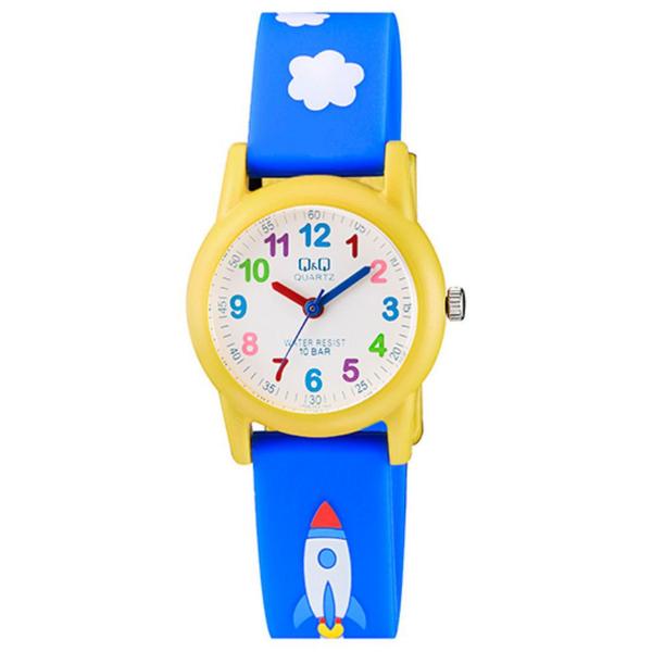 Relogio Infantil Masculino Q&Q Amarelo Azul Desenho Foguete