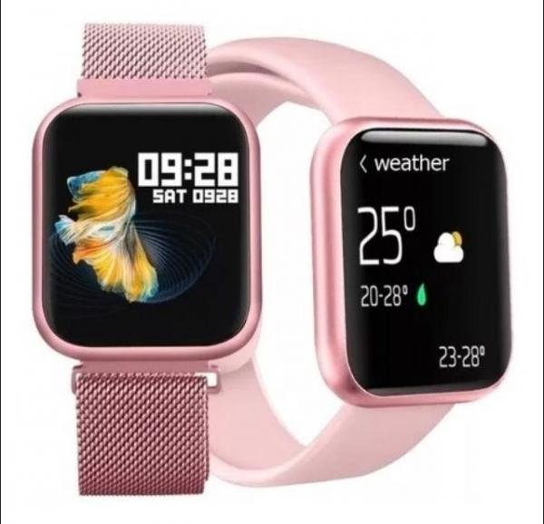 Relogio Inteligente Smartwatch P80 Rosa 2 Pulseiras Pedometro Multiesportes Redes Sociais - Bgxpro