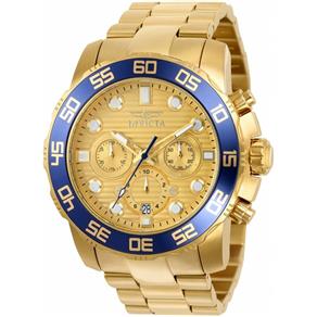 Relógio Invicta-22227 Masculino Pro Diver Chrono Detalhes em Ouro 18K Gold Plated Ss Gold-Tone Dial Blue Bezel