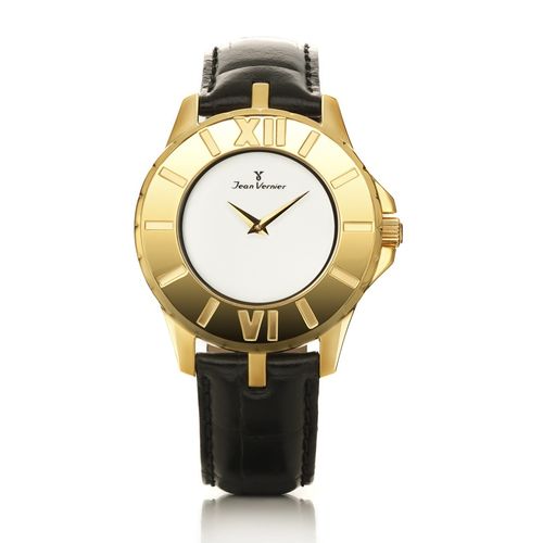 Relógio Jean Vernier Caixa Aço Pulseira Couro Vidro Cristal Preto+Dourado