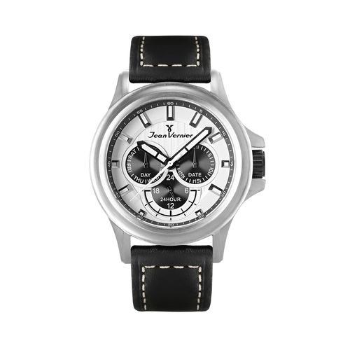 Relógio Jean Vernier Pulseira Couro Masculino 5ATM Autêntico Preto+Prata