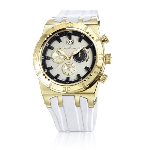 Relógio Jean Vernier Pulseira Silicone Caixa Aço 10ATM Branco+Dourado