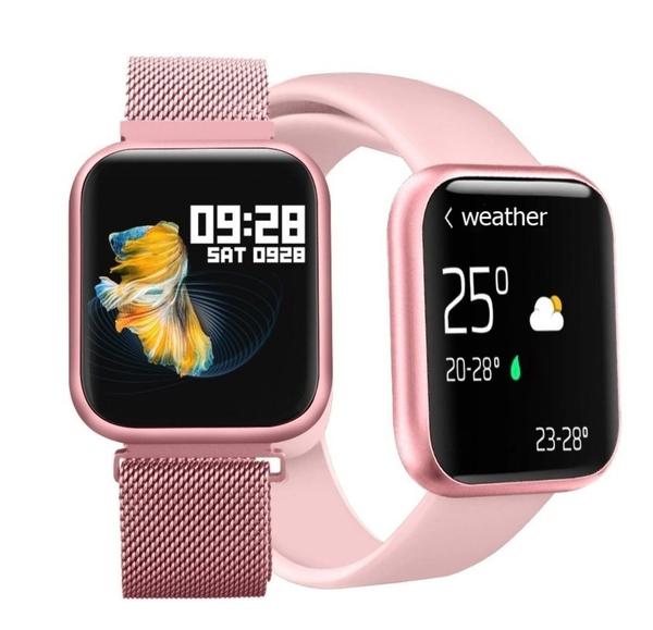 Relogio Feminino Rosa Inteligente T80 Smartwatches + 2 Pulseiras Oximetro