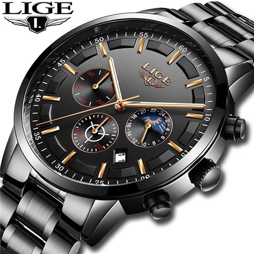 Relógio Lige Masculino Aço Quartz 9877 / Preto