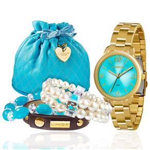 Relógio Lince Feminino com Necessaire Azul e Três Pulseiras Azul