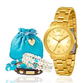 Relógio Lince Feminino com Necessaire Azul e Três Pulseiras Laranjado