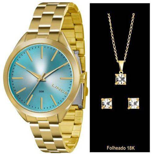 Relogio Lince Feminino Dourado Kit Brincos Corrente Lrg4329l