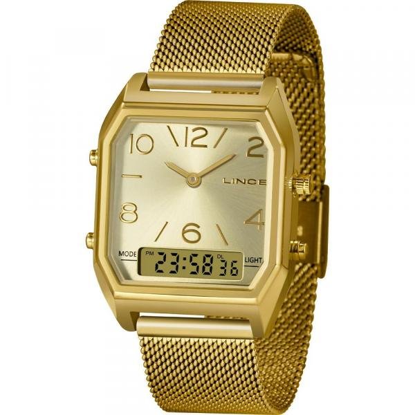 Relógio Lince Feminino Dourado LAGH119LC2KX Anadigi 5 Atm Cristal Mineral Tamanho Médio