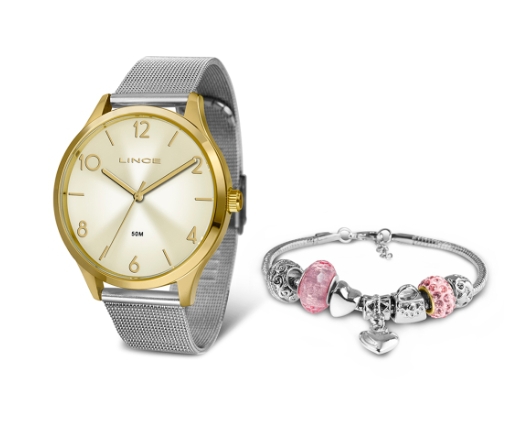 Relógio Lince Feminino Lrt4599l Kw31c2sx Prata Dourado Mesh + Pulseira Berloques