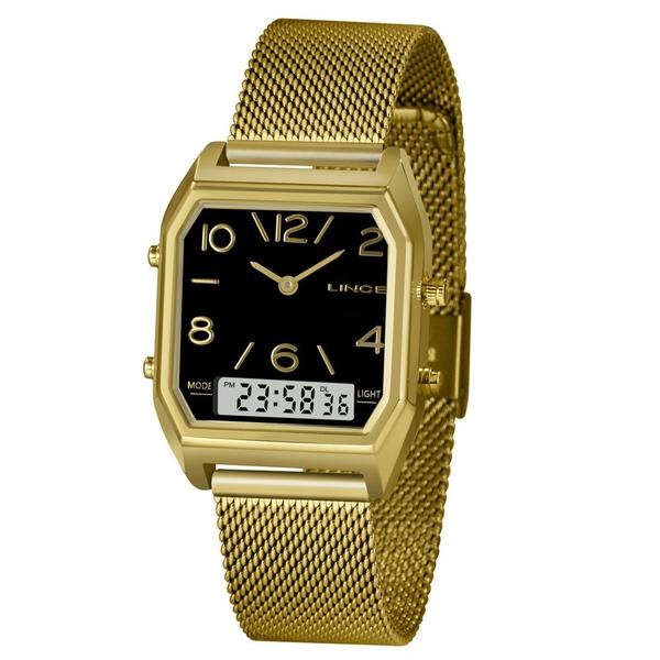 Relógio LINCE LAGH118L P2PX - Dourado com Mostrador Preto - Pulseira Estilo Esteira - ANADIGI