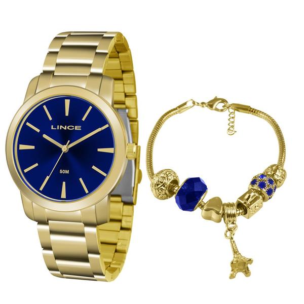 Relógio LINCE LRG4506L KU52 Dourado Fundo Azul + Pulseira com Berloques