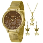 Relógio Lince LRG4601L KW03 feminino dourado mostrador marrom
