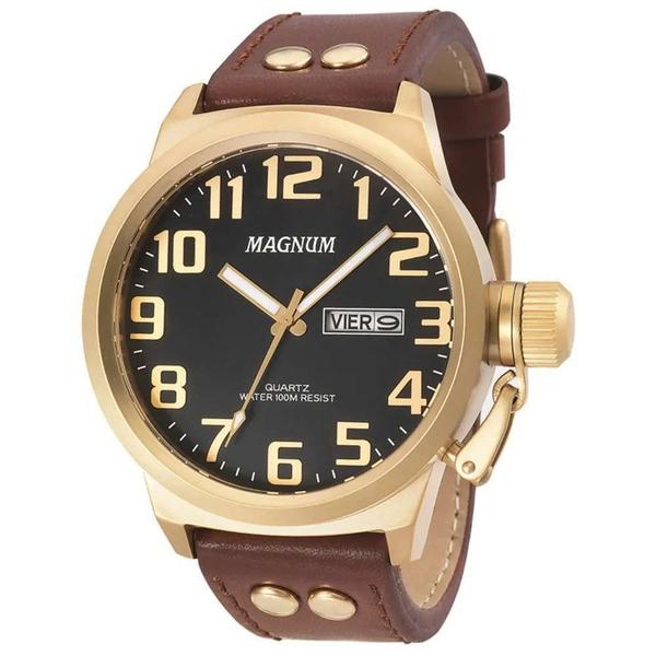 Relógio Magnum Analógico Masculino Dourado Pulseira de Couro Marrom MA32952P