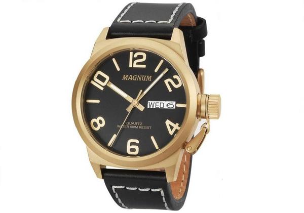 Relógio Magnum Analógico Masculino Dourado Pulseira de Couro Preto MA33406P