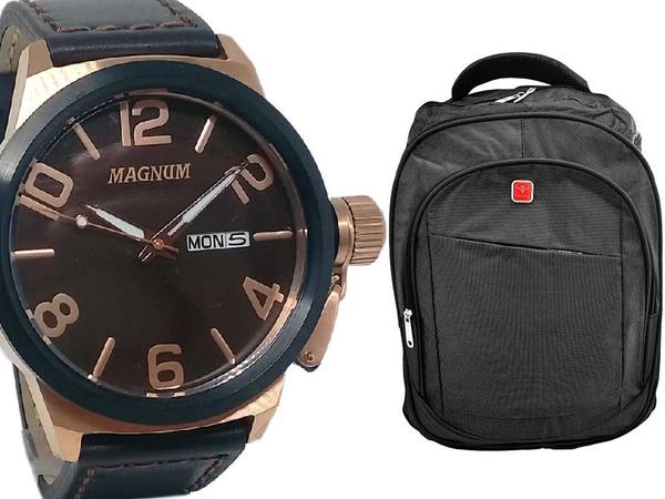 Relógio Magnum Masculino Analógico Militar Pulseira Marrom Esportivo + Mochila Cinza Notebook