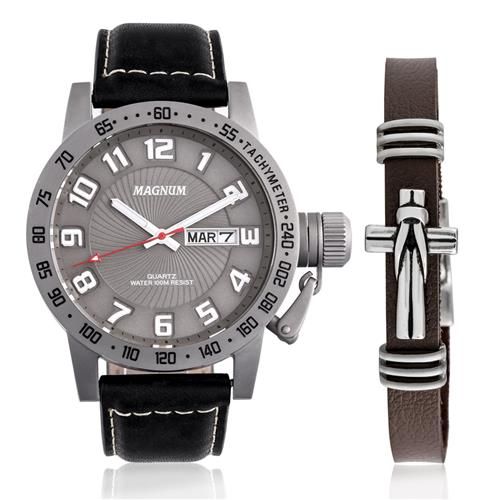 Relógio Magnum Masculino Kit Pulseira Couro Ma33139x