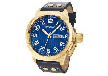 Relógio Magnum Military Masculino Analógico Calendário Dourado/Azul Couro MA32765A